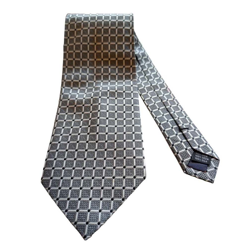 Valerio Garati Silk Tie Silver Grey Black Geometric Grid Hand‎ Made L58" W3.25"